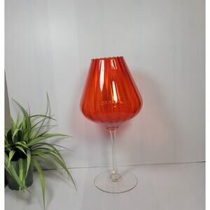MCM Empoli Red/Orange Glass Snifter Goblet, Long Clear Stem Vintage Art Glass